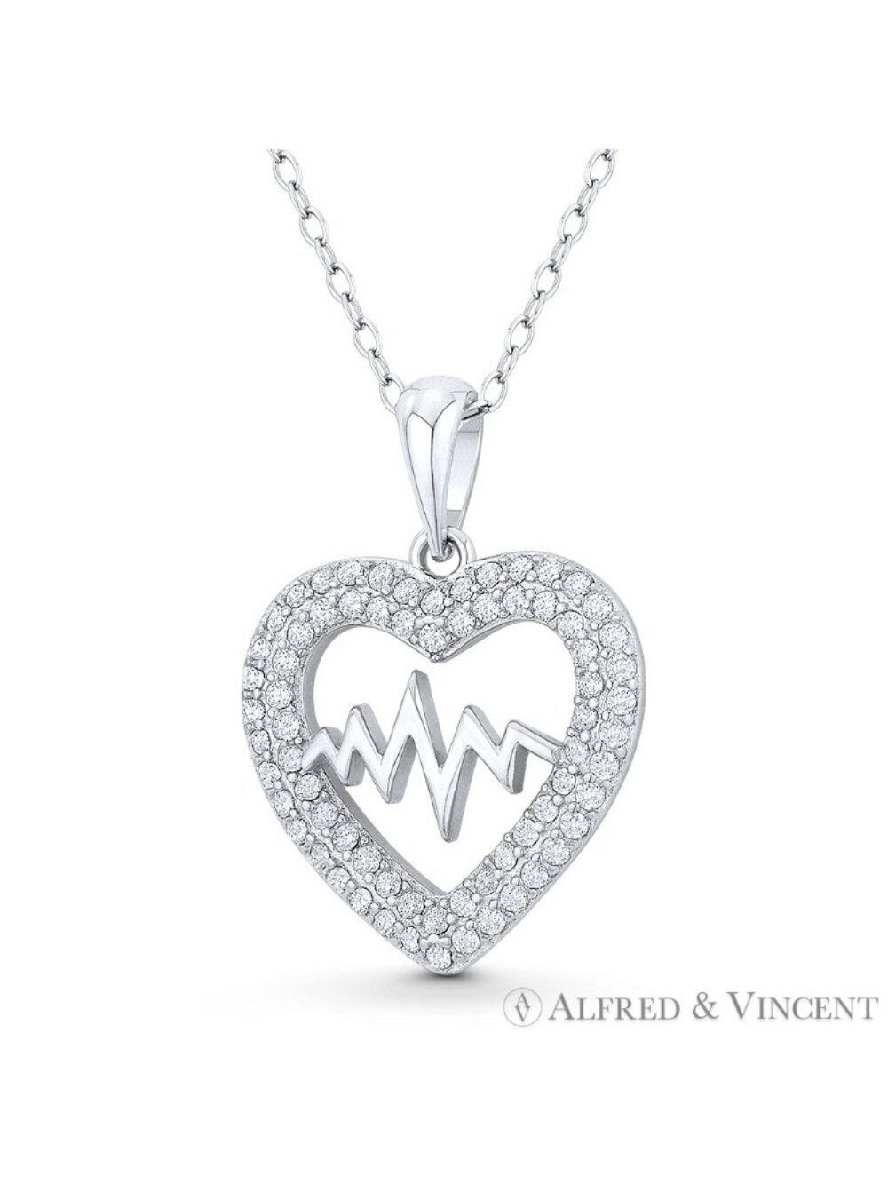 Heart Beat Zigzag CZ Crystal Pave Love Charm 925 Sterling Silver Rhodium Pendant